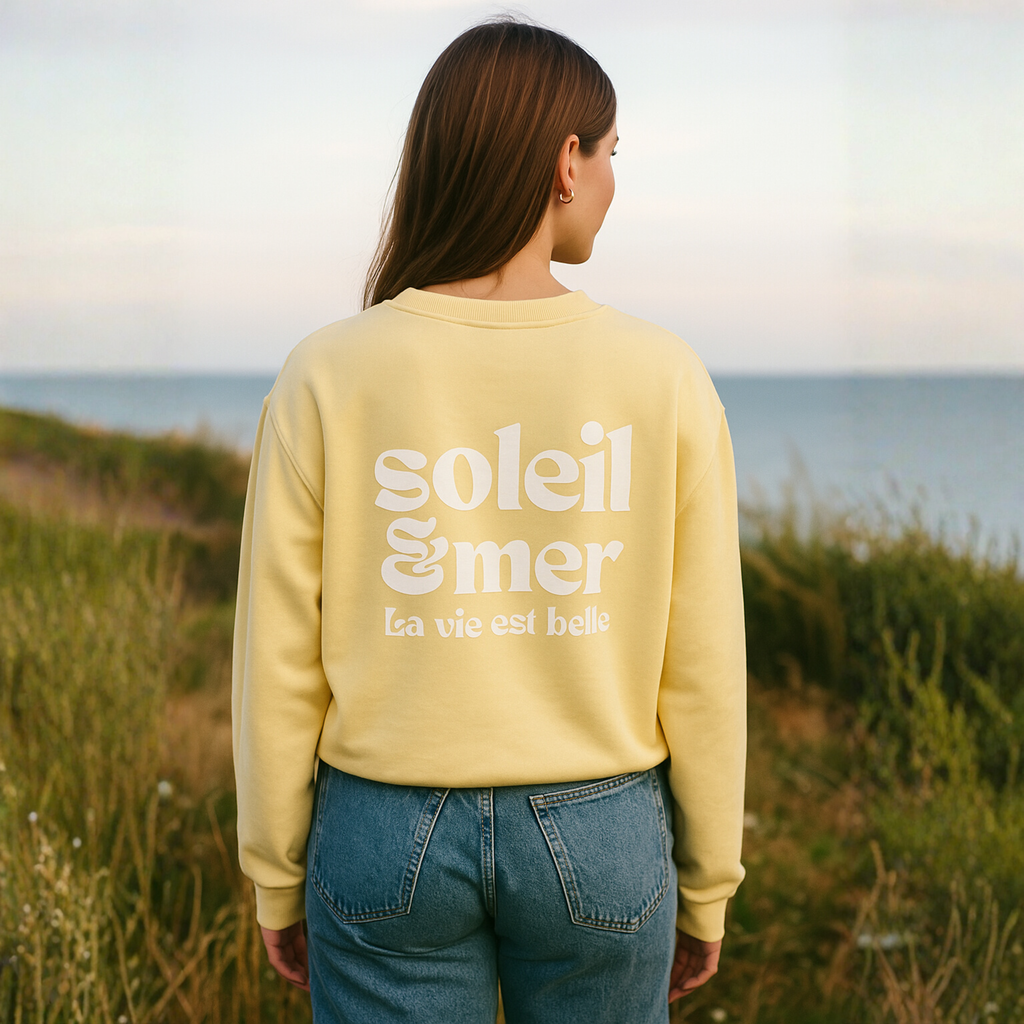 Damen-Sweater | „mer & soleil, la vie est belle“ | mit Bio-Baumwolle in Zertifizierung